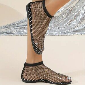 Women's Rhinestone Flat Sandals - Breathable Mesh Design, Slip-On  US 11